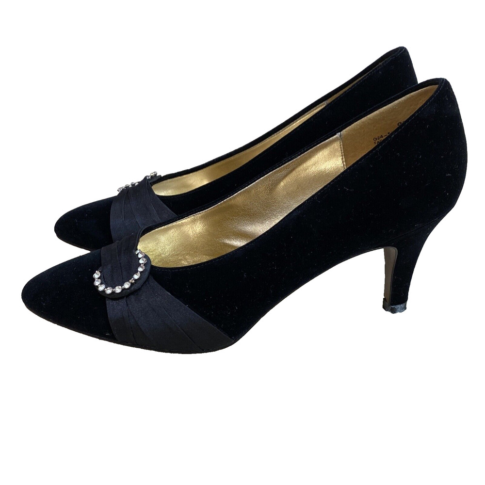 The PM Collection 9-2-5 Black Velvet Pumps Dressy High Heel Shoes 9M Rhinestones